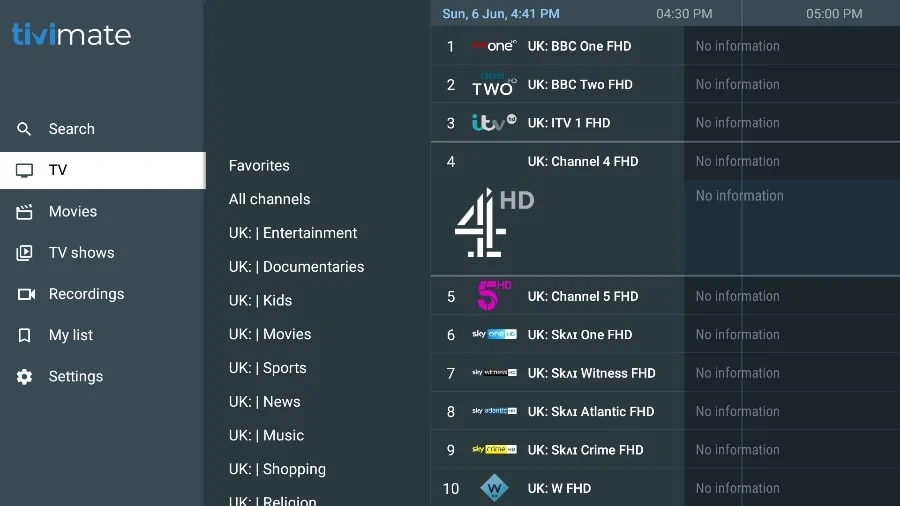 TiviMate TV channels